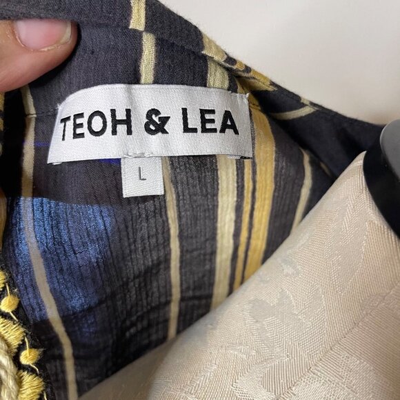 Teoh & Lea Womens Top Size Large Striped Embroidered Belted Gray Yellow Cotton - Picture 4 of 16